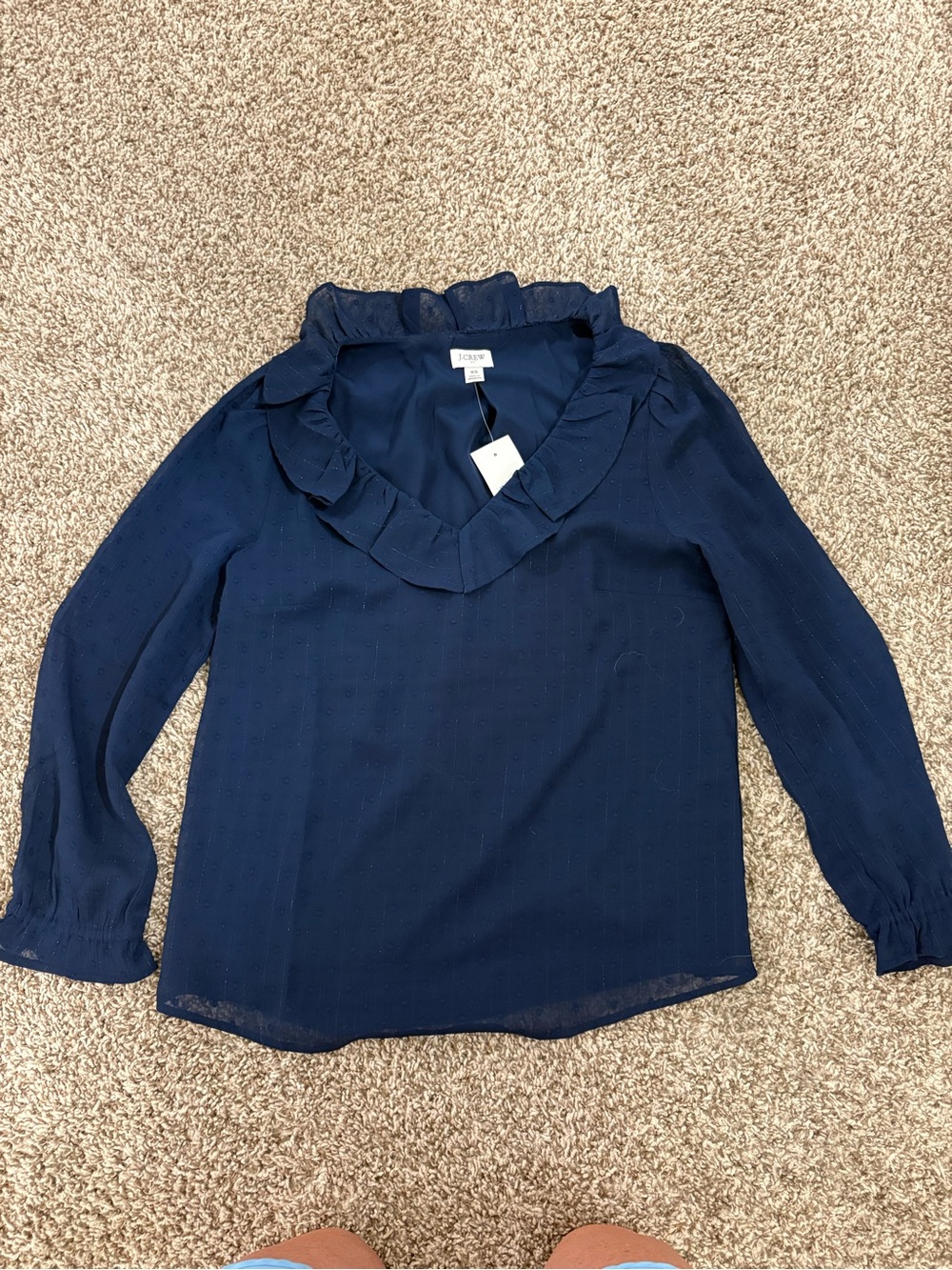 J. Crew Navy Ruffle V-Neck Long-Sleeve Blouse